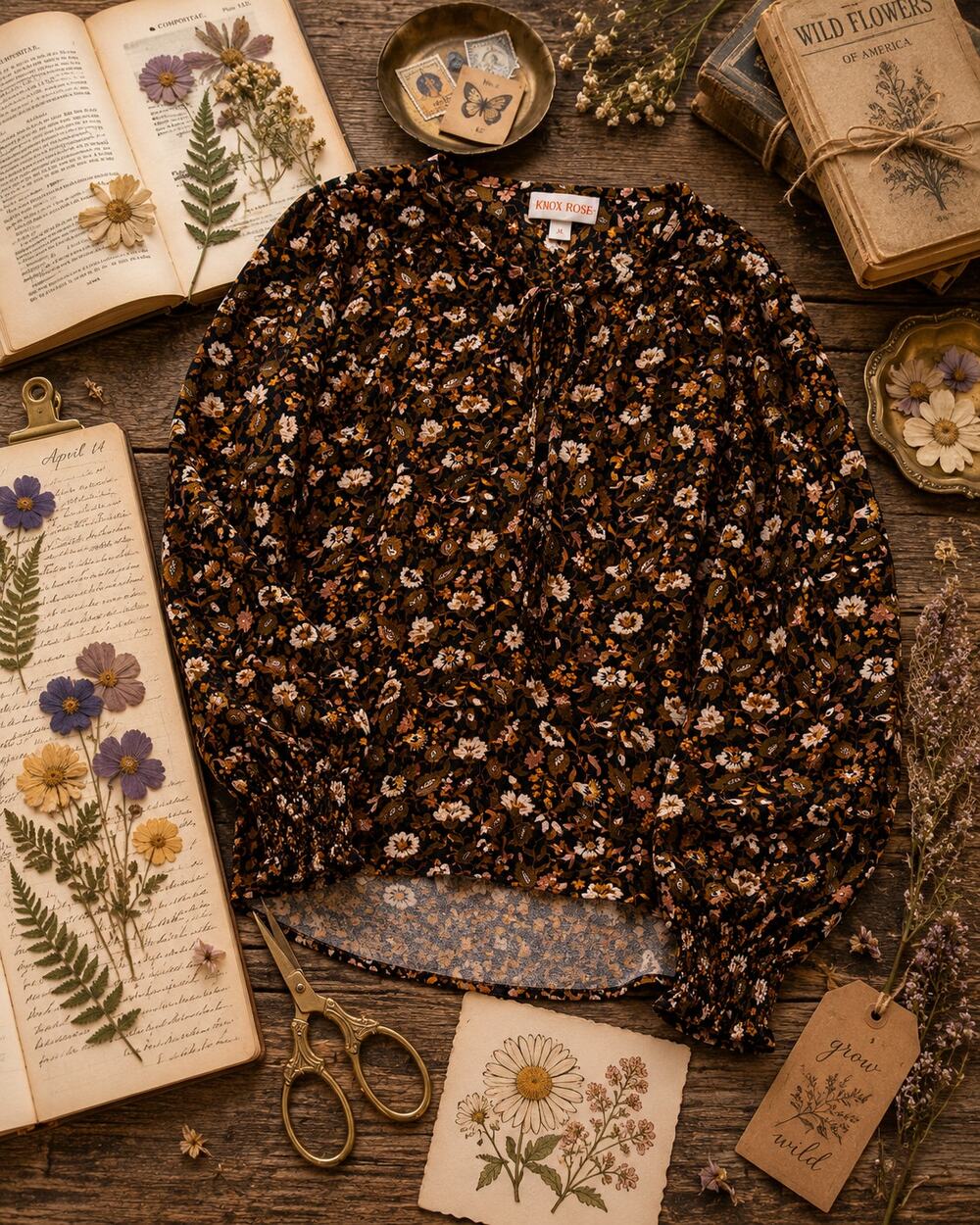 Knox Rose Floral Boho Peasant Blouse Rayon Tie Neck Women's Medium